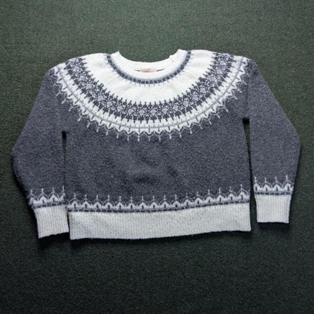 PHILOSOPHY Womens Fair Isle Sweater Nordic Knit Fuzzy Wool Blend Grey White XL